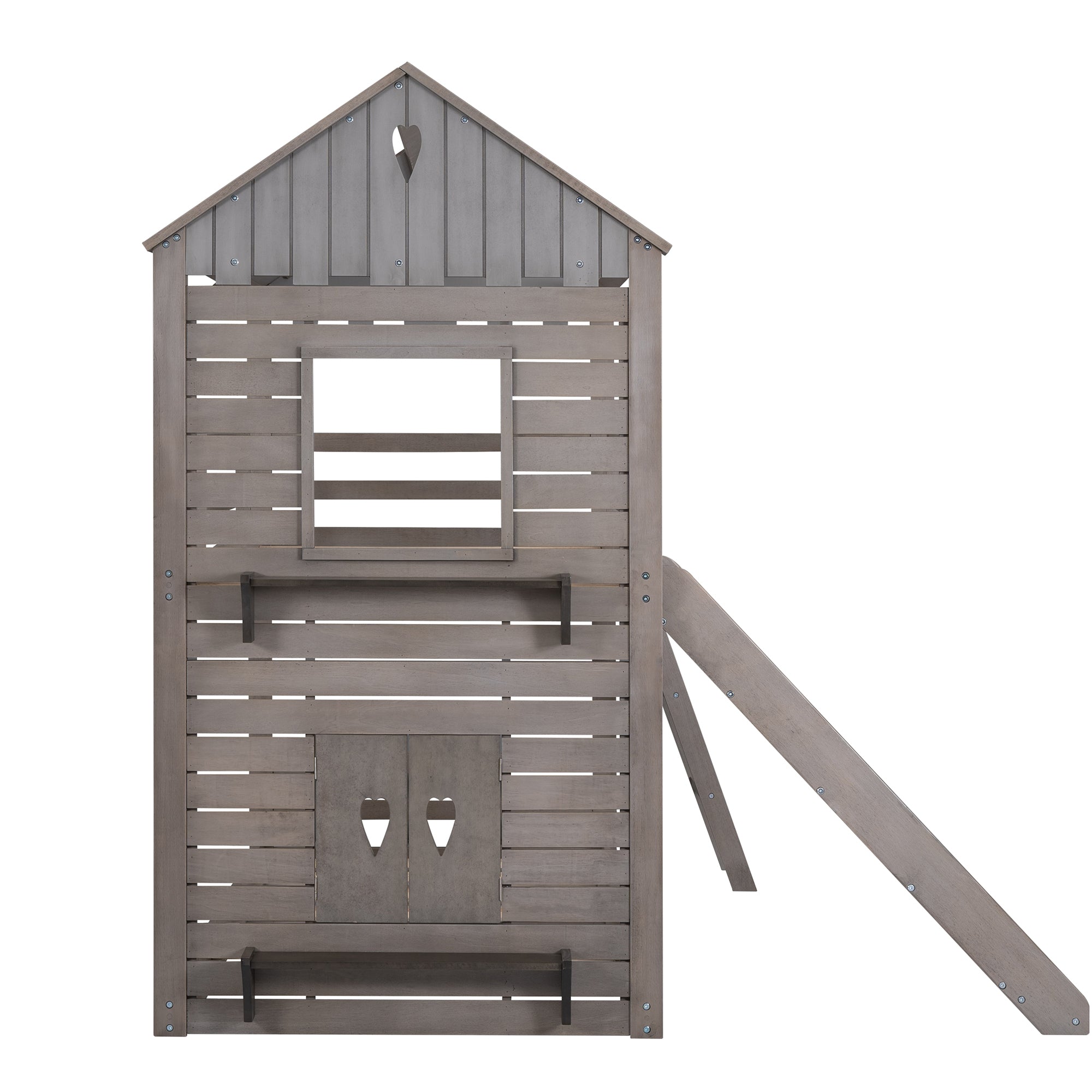 Twin Over Twin Bunk Bed Wood Bed with Roof, Window, Slide, Ladder ,Antique Gray(OLD SKU:LP000059AAE) - Atlantic Fine Furniture Melbourne FL