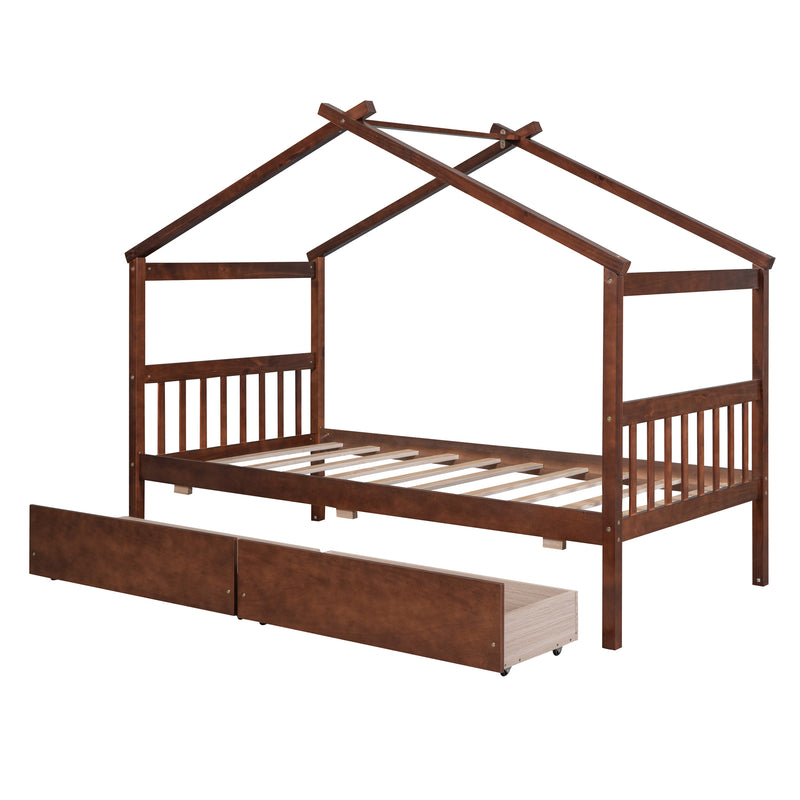 Twin Size Wooden House Bed with Drawers, Walnut