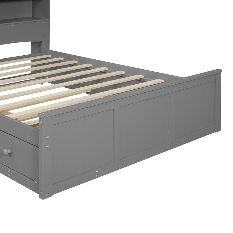 Full Size Wood Pltaform Bed with win Size Trundle, 3 Drawers, Upper Shelves and a set of USB Ports & Sockets, Gray