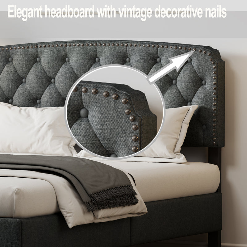 Full size Adjustable Headboard with Fine Linen Upholstery and Button Tufting for Bedroom,  Wave Top  dark Gray