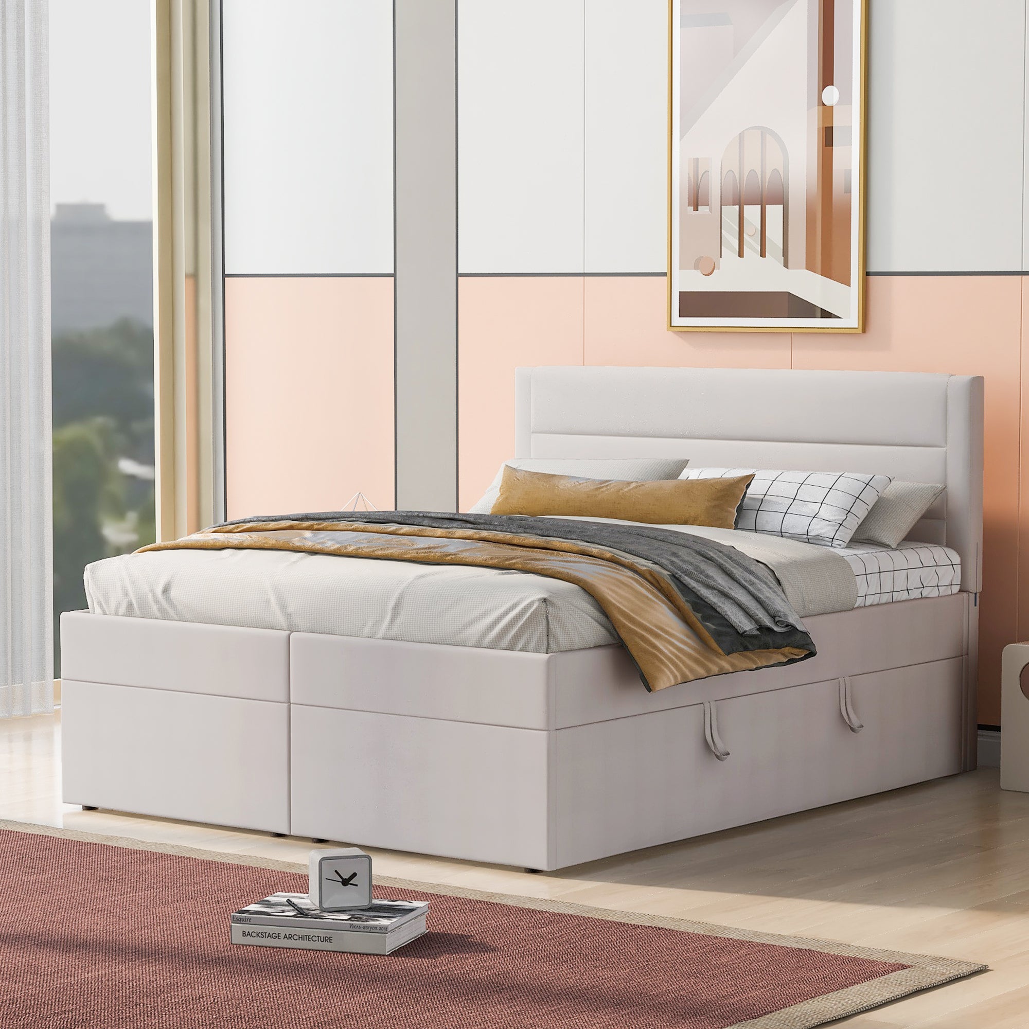 Queen Size Upholstered Platform Bed with Storage Underneath, Beige - Atlantic Fine Furniture Melbourne FL
