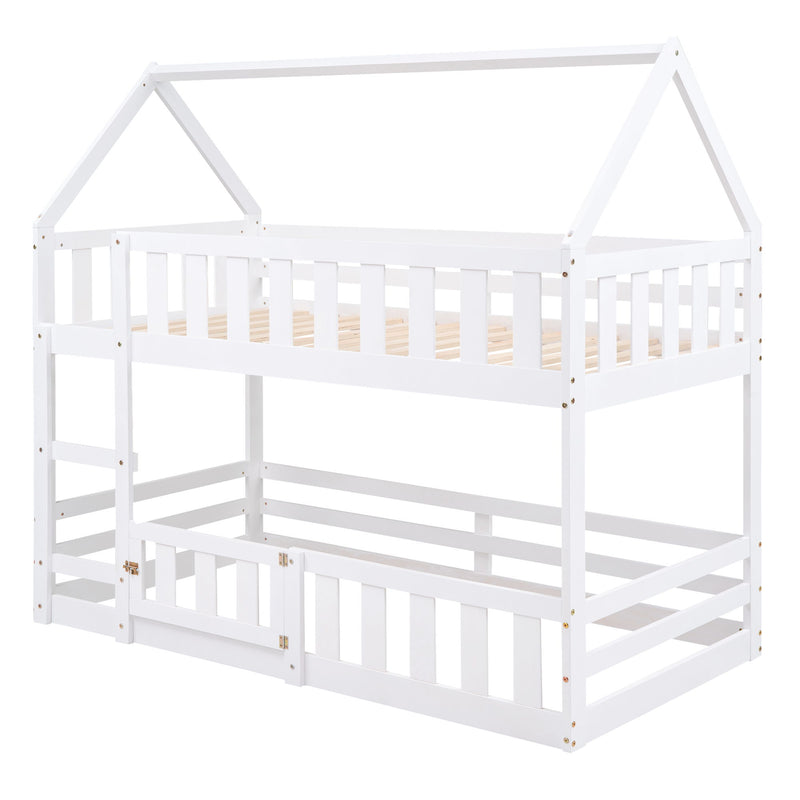 Twin Over Twin House Bunk Bed With Fence And Door - Gray