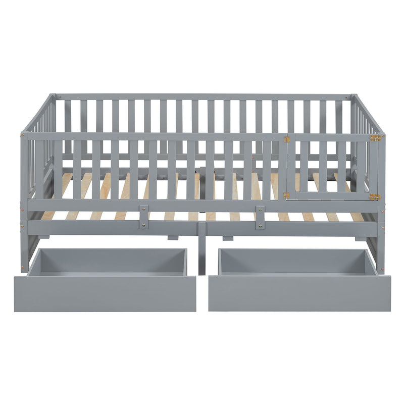 Daybed With Fence Guardrails And 2 Drawers, Split Into Independent Floor Bed & Daybed