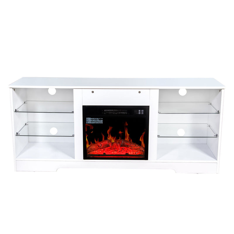 57.8" Fireplace TV Stand With 18" Electric Fireplace Heater, Modern Entertainment Center For TVs Up To 62" With Adjustable Glass Shelves And Storage Cabinets