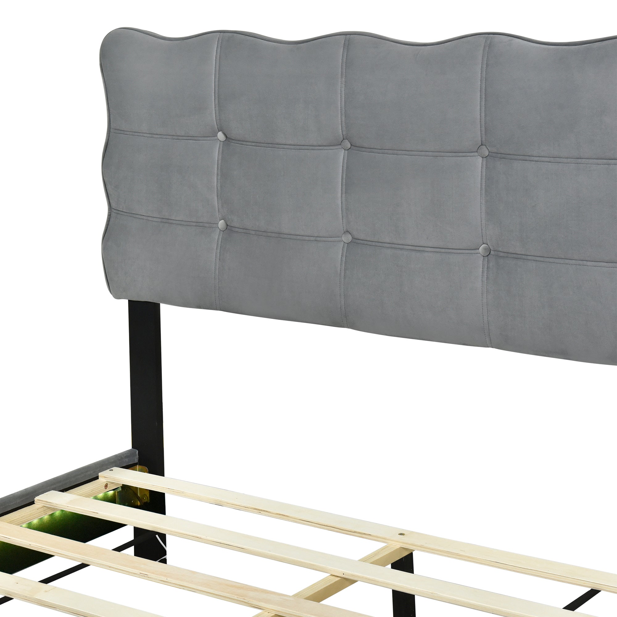 Full Size Velvet Platform Bed with LED Frame and Stylish Mental Bed Legs, Gray - Atlantic Fine Furniture Melbourne FL
