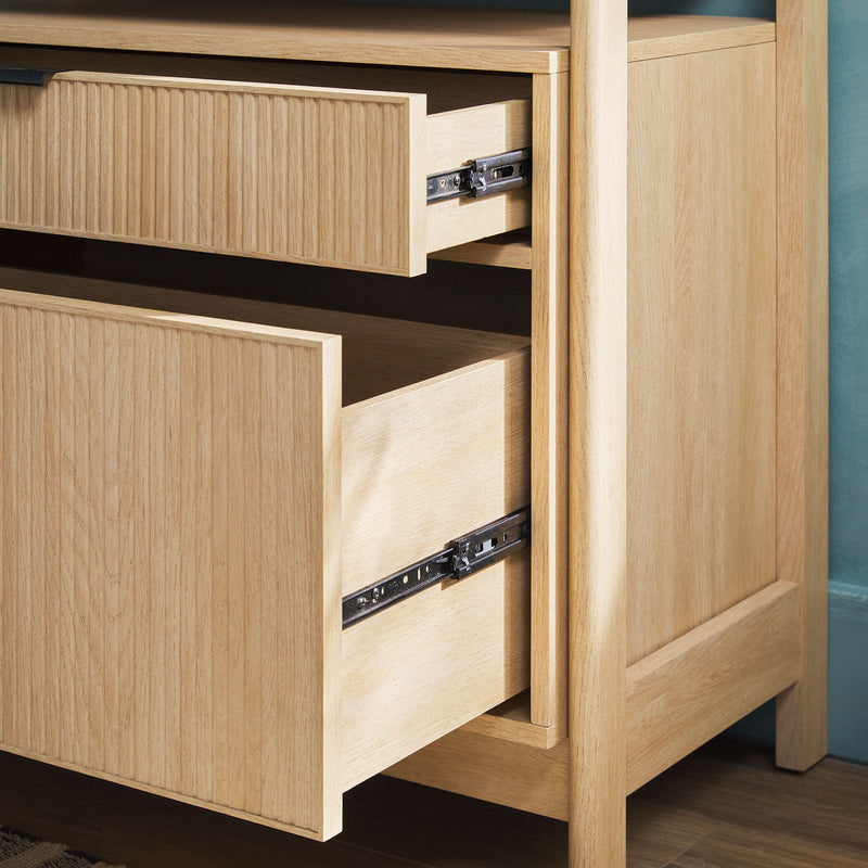 Transitional Wide Reeded Bookshelf With Drawers On Bottom - Oak