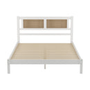 Queen Size Wood Platform Bed with Natural Rattan Headboard,Exquisite Elegance with Minimalist Charm for Bedroom,White