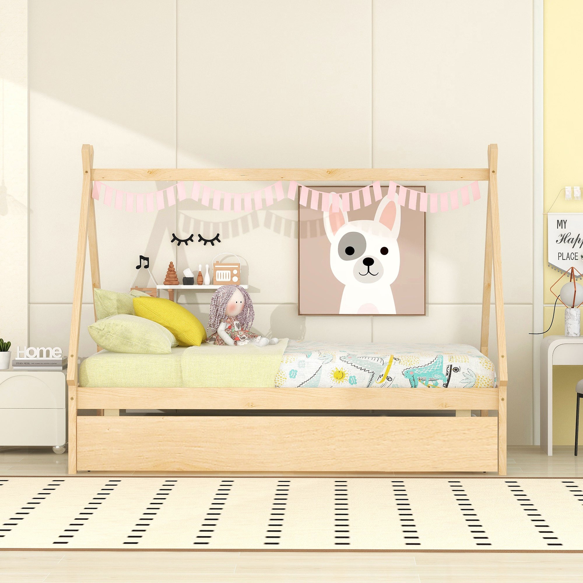 Twin size Tent Floor Bed, Teepee Bed, with Trundle,Natural