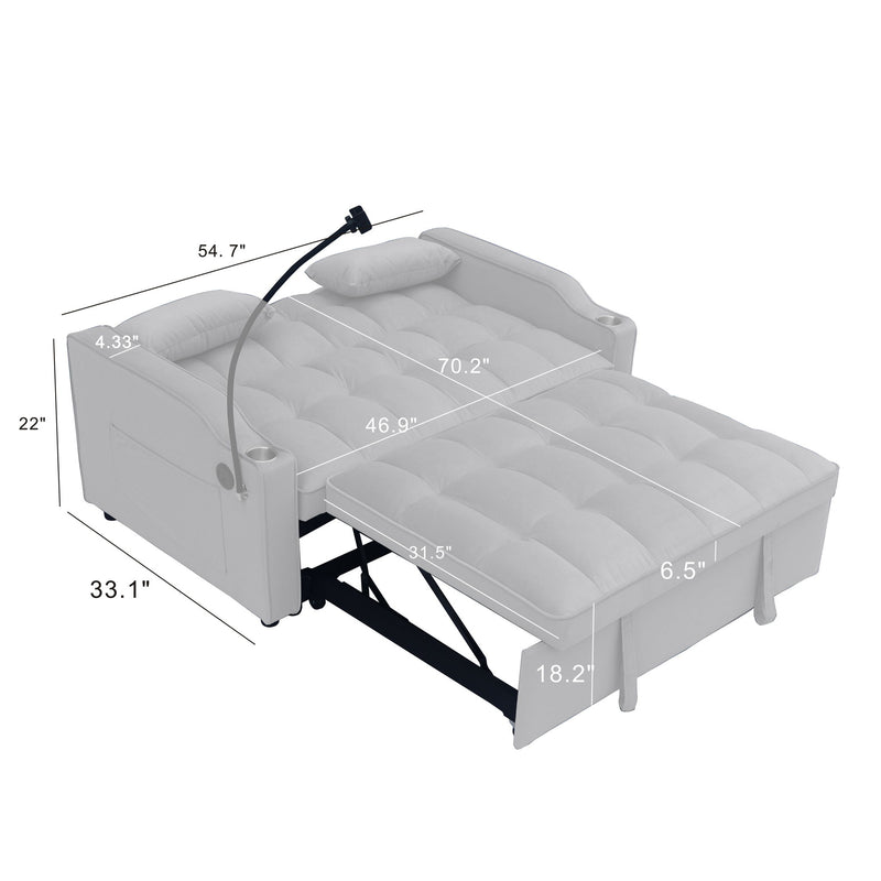 Modern Velvet Loveseat With Pullout Bed, Adjustable Reclining Backrest