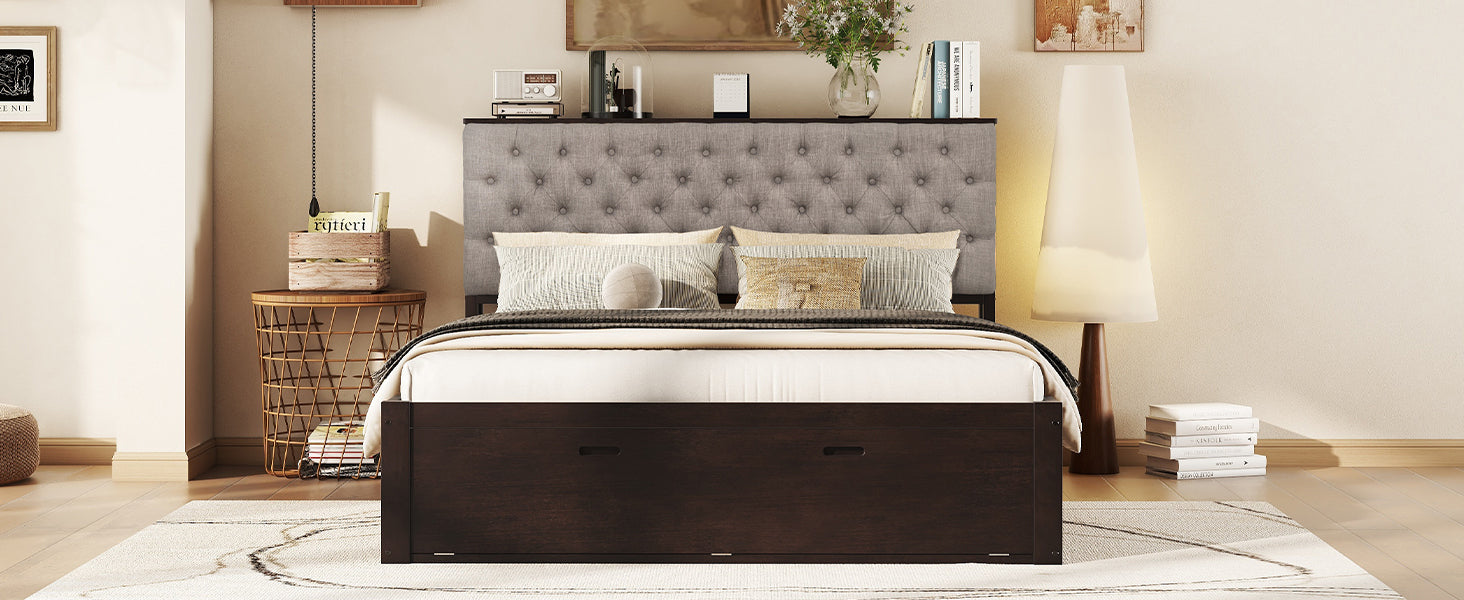 Wood Queen Size Platform Bed with Storage Headboard, shoe rack and 4 drawers,Espresso - Atlantic Fine Furniture Melbourne FL