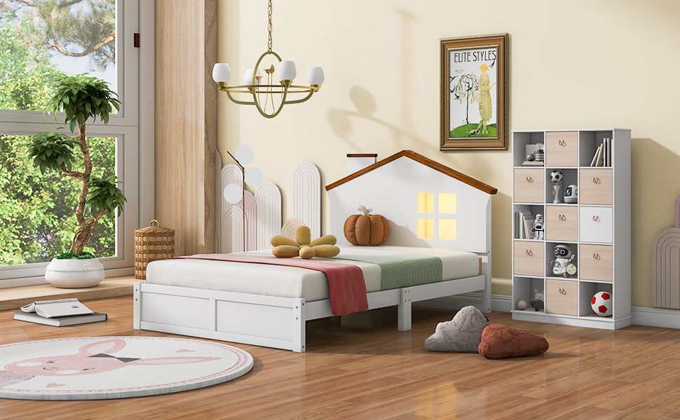 Twin Size Wood Platform Bed with House-shaped Headboard and Built-in LED, Walnut+White - Atlantic Fine Furniture Melbourne FL
