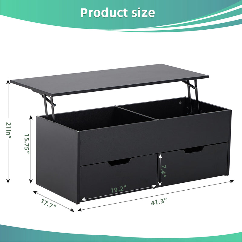 Lift-Top Coffee Table With Storage Center Tables Hidden Compartment & 2 Drawers, Sofa Table For Living Room - Black