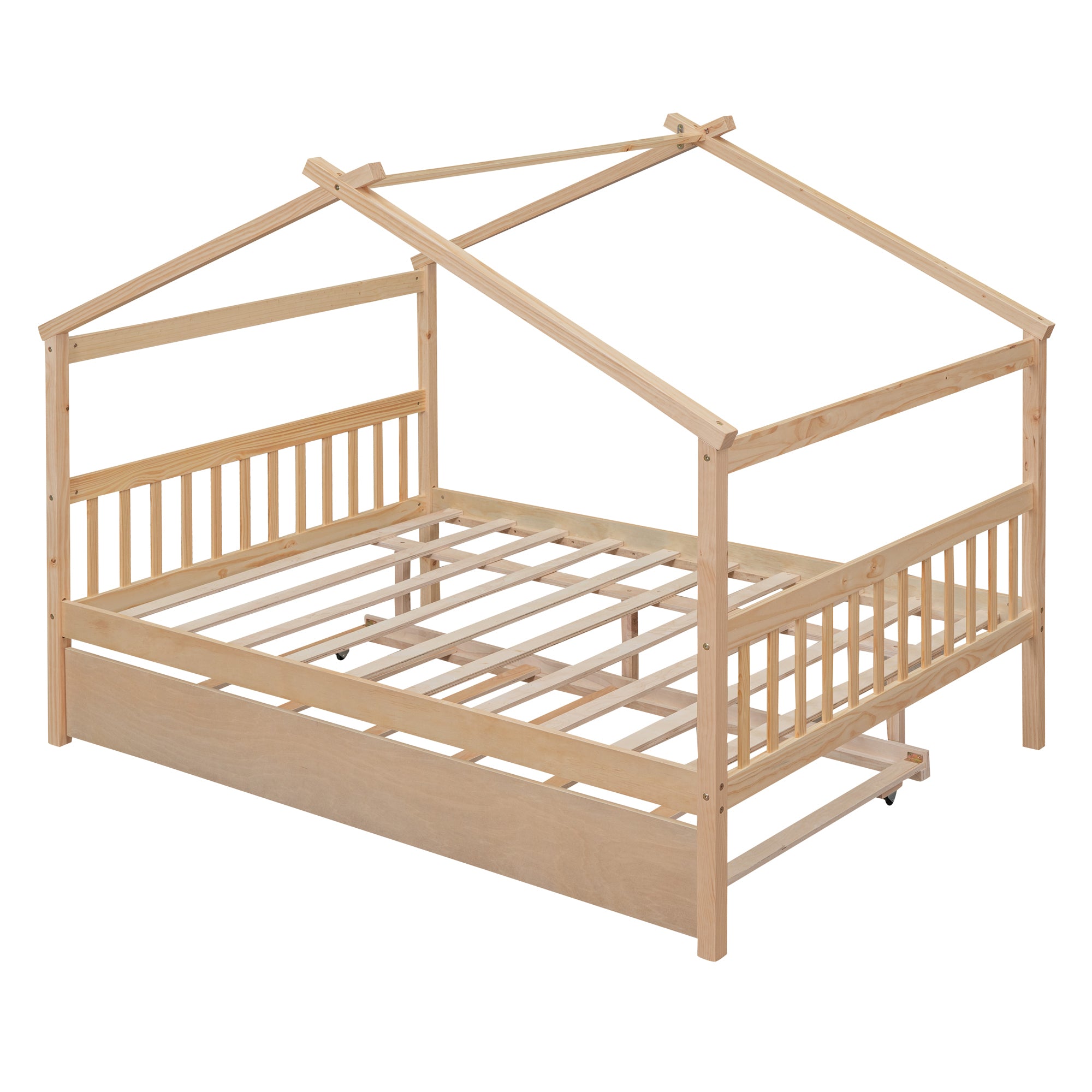 Full Size Wooden House Bed with Twin Size Trundle, Natural - Atlantic Fine Furniture Melbourne FL