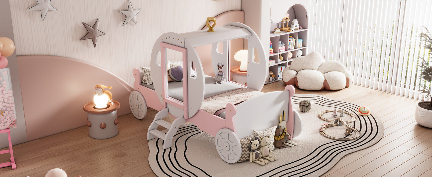 Twin size Princess Carriage Bed with Crown ,Wood Platform Car Bed with Stair,White+Pink - Atlantic Fine Furniture Melbourne FL