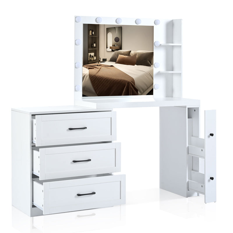 Vanity Desk With Freely Adjustable Side Cabinet, Makeup Vanity With Hollywood Lights, 5 Storage Drawers & 2-Shelves, Modern Dressing Table - White