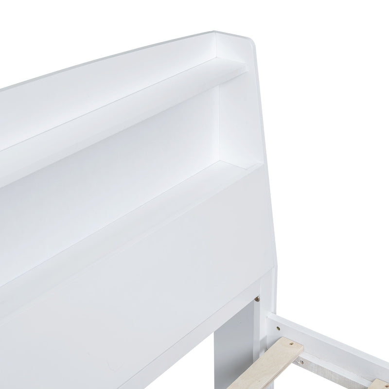 Full Size Platform Bed With Storage LED Headboard, Twin Trundle And 3 Drawers - White