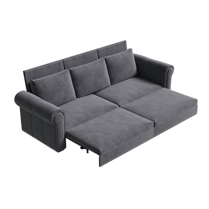 3 In 1 Convertible Sleeper Sofa With Nailhead Trim & Rolled Arm
