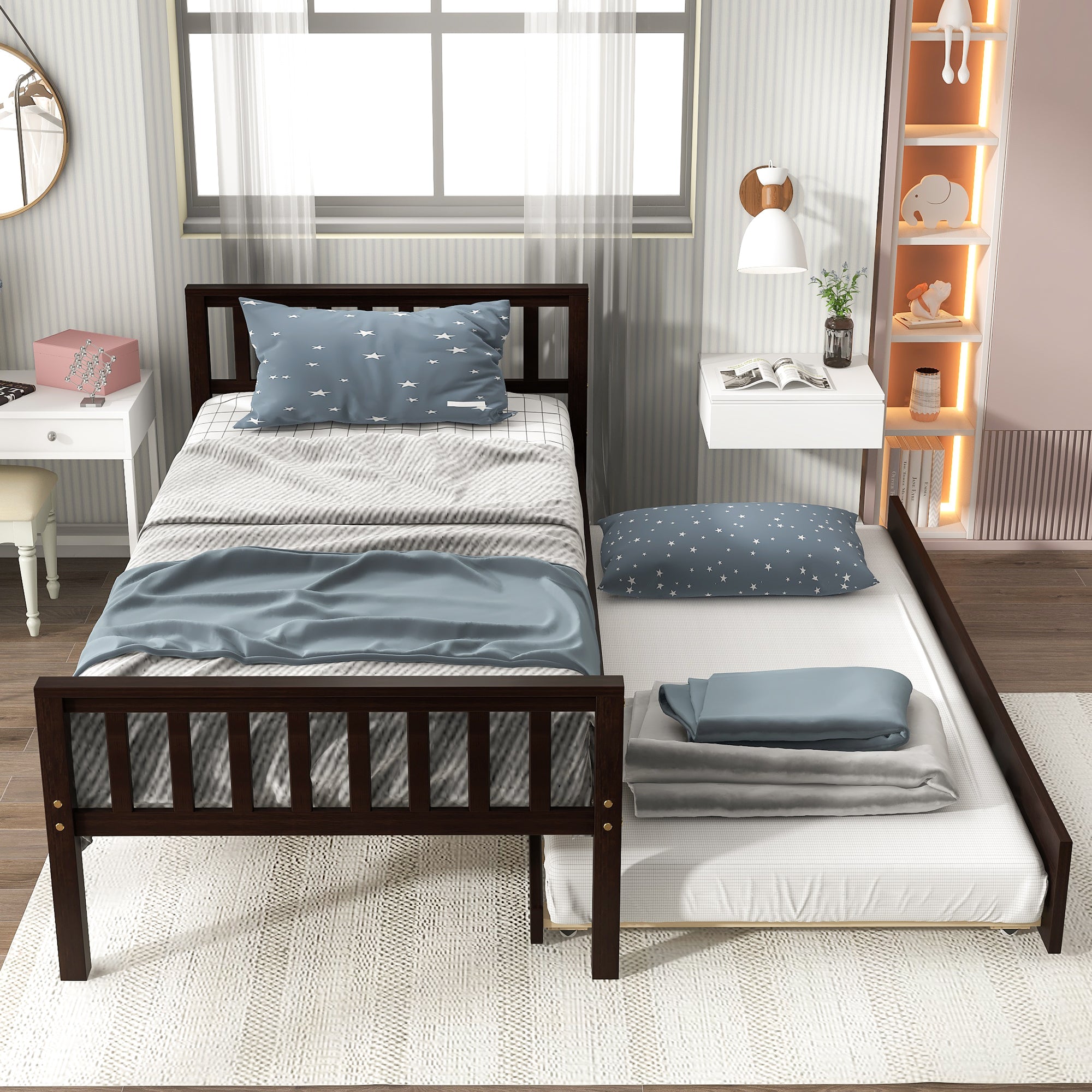 Twin Bed with Trundle, Platform Bed Frame with Headboard and Footboard, for Bedroom Small Living Space,No Box Spring Needed,Espresso(Old SKU:W50440557) - Atlantic Fine Furniture Melbourne FL