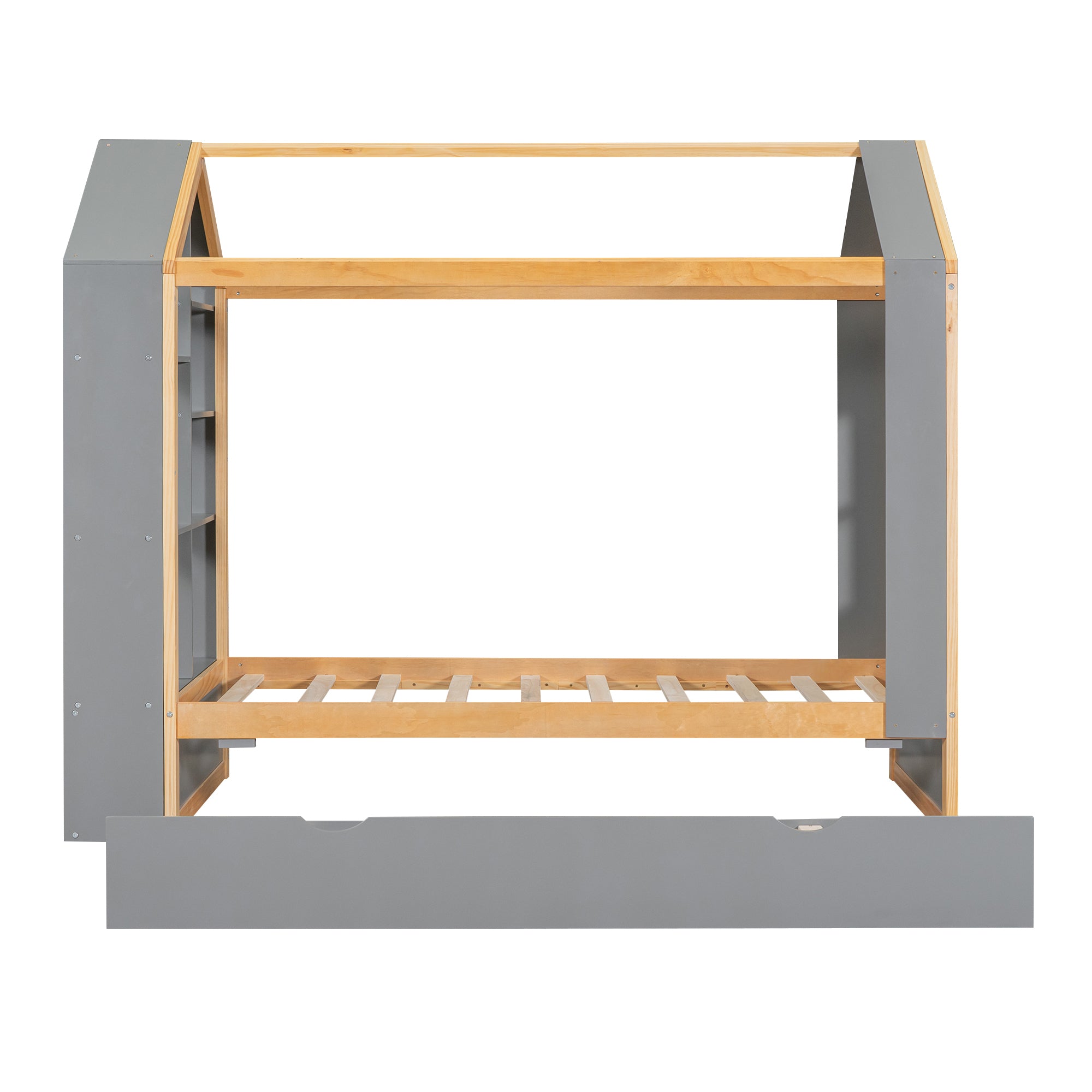 Twin Size House Platform Bed with Storage Shelves and Twin Size Trundle, Grey - Atlantic Fine Furniture Melbourne FL