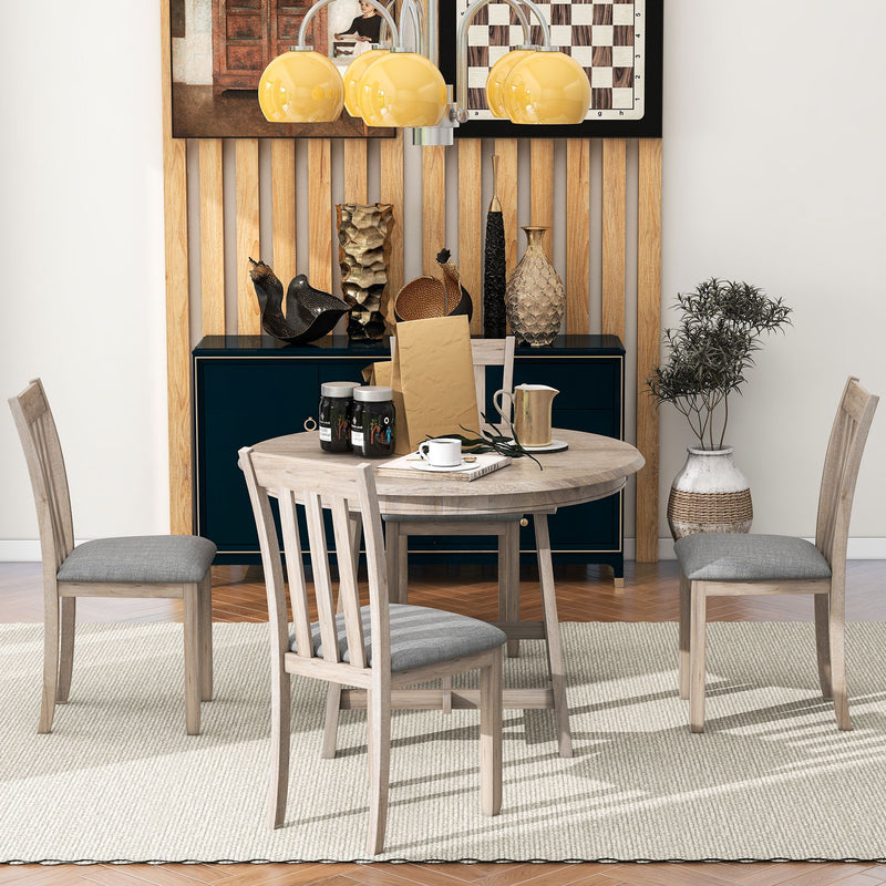 5 Piece Wood Dining Table Set With Extendable Round Table And 4 Chairs