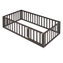 Twin Size Floor Bed Frame With Fence And Door - Walnut