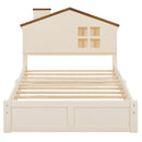 Twin Size Wood Platform Bed with House-shaped Headboard and Built-in LED, Walnut+Milk White