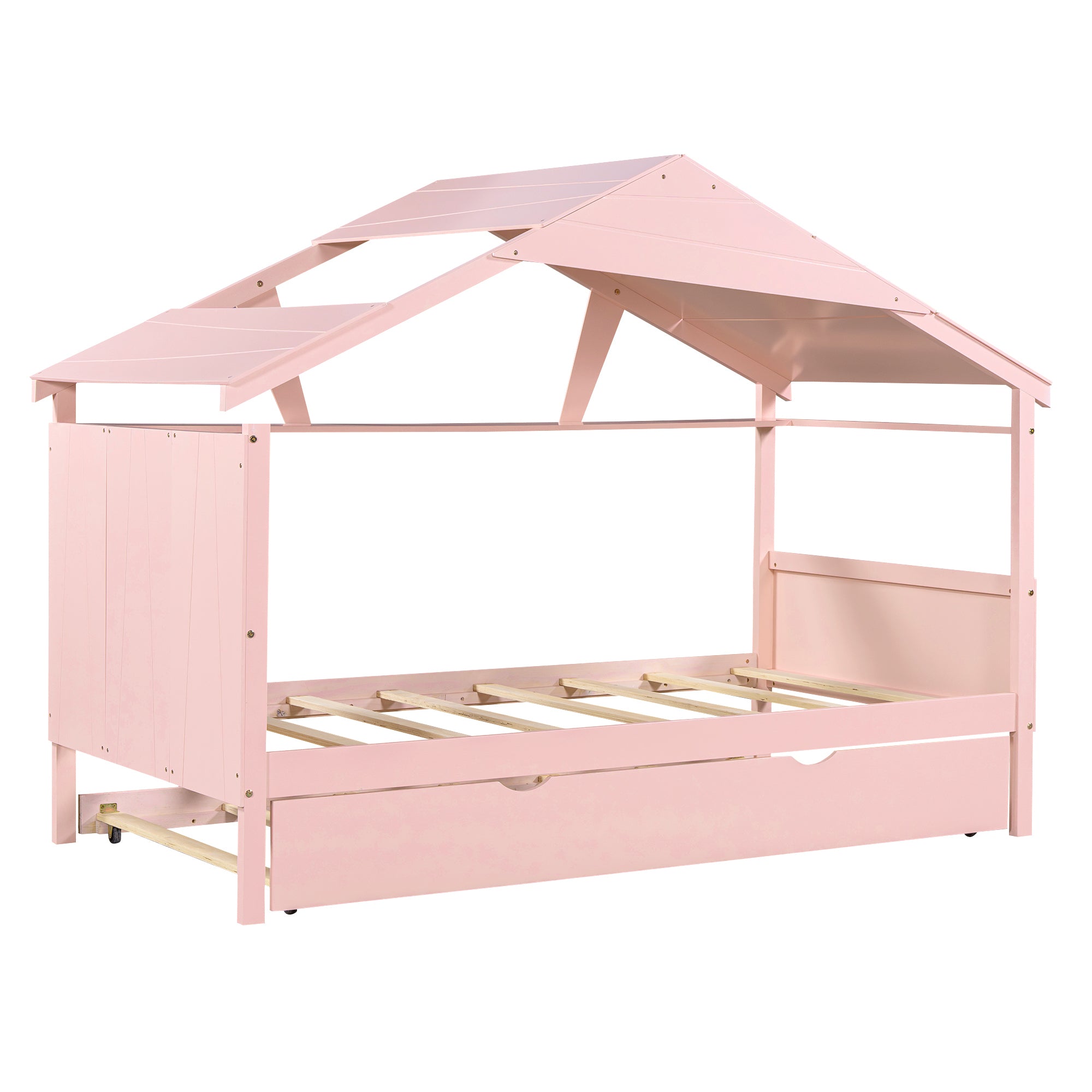 Wood Twin Size House Bed with Trundle and Storage, Pink - Atlantic Fine Furniture Melbourne FL
