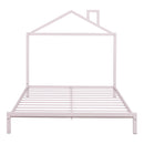 Full Size Metal Platform Bed with House-Shaped Headboard Design, Pink