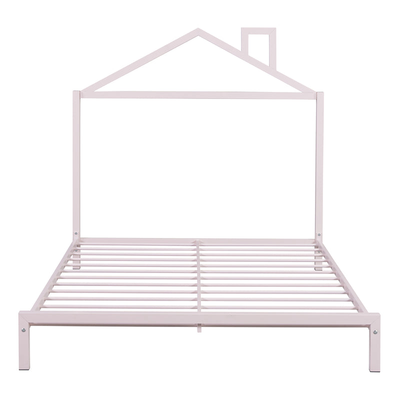 Full Size Metal Platform Bed with House-Shaped Headboard Design, Pink