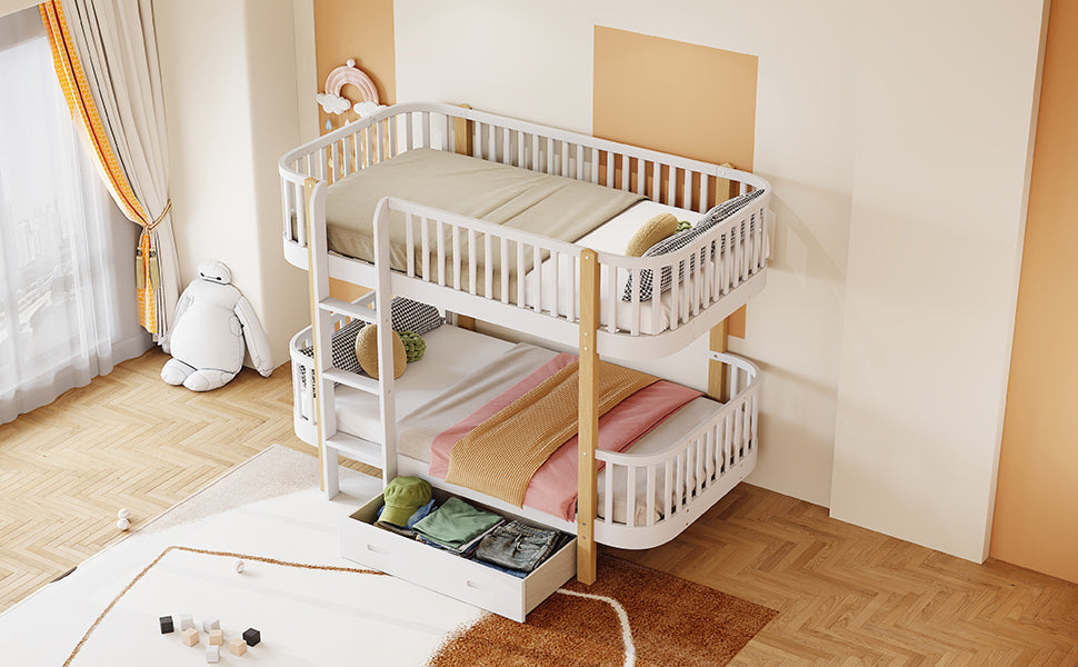 Wood Twin over Twin Bunk Bed with Fence Guardrail and a Big Drawer, White - Atlantic Fine Furniture Melbourne FL