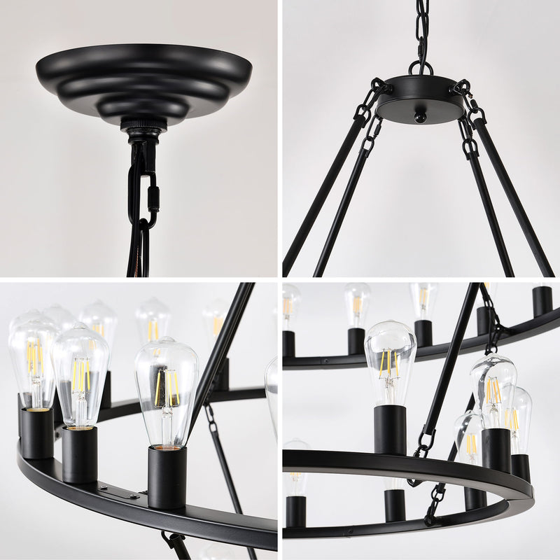 Extra Large Wagon Wheel Chandelier, 2 Tier 36 Lights (No Include) Farmhouse Industrial Round High Ceiling Pendant Light Adjustable Chain, For Dining Room, Living Room, Kitchen - Black