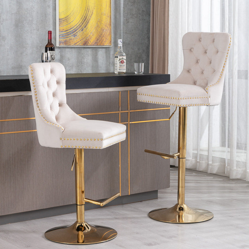 Thick Golden Swivel Velvet Barstools Adjusatble Seat Height From 25-33", Modern Upholstered Bar Stools With Backs Comfortable Tufted For Home Pub And Kitchen Island (Set of 2)