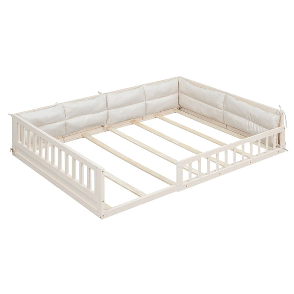Wood Full Size Upholstered Platform Bed With Guardrail And Pillow - Beige