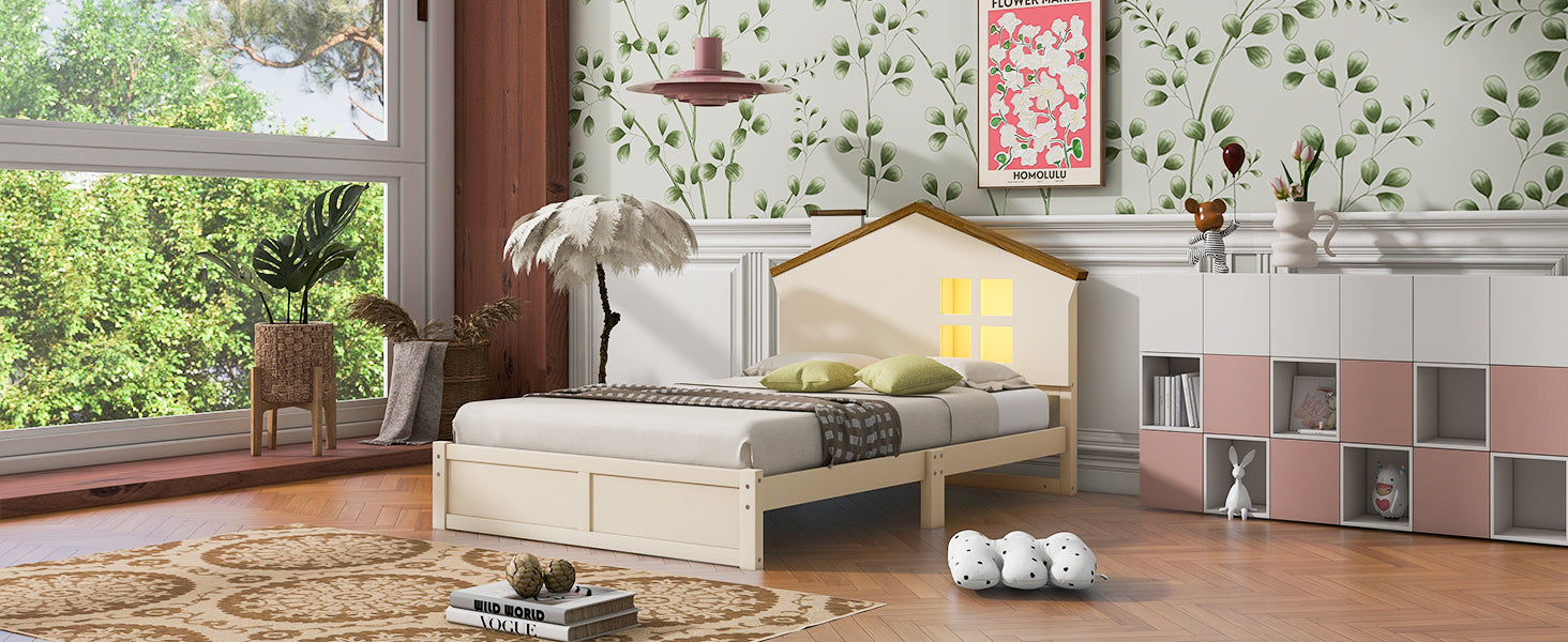 Twin Size Wood Platform Bed with House-shaped Headboard and Built-in LED, Walnut+Milk White - Atlantic Fine Furniture Melbourne FL