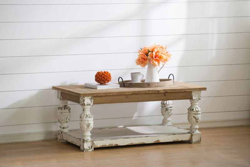 Rectangle Coffee Wooden Coffee Table, French Country Coffee Table - Brown / Antique White