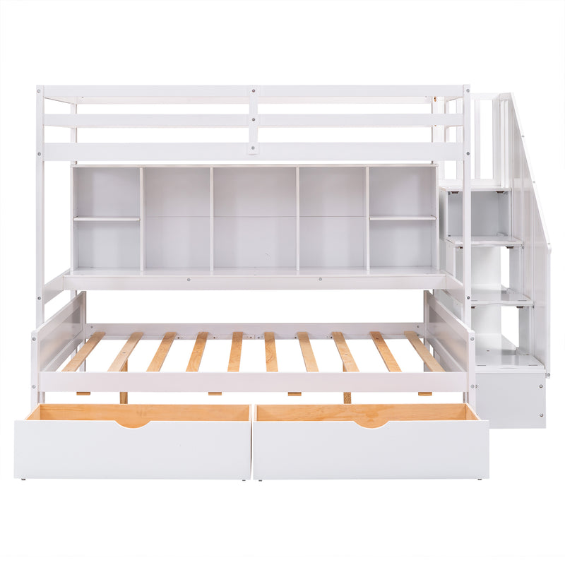 Twin XL over Full Bunk Bed with Built-in Storage Shelves, Drawers and Staircase,White