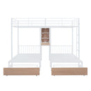 Triple Bunk Bed With Drawers, Multi-Functional Frame With Desks And Shelves In The Middle