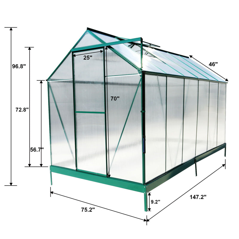 Polycarbonate Greenhouse, Heavy Duty Outdoor Aluminum Walk-In Green House Kit With Rain Gutter, Vent And Door For Backyard Garden