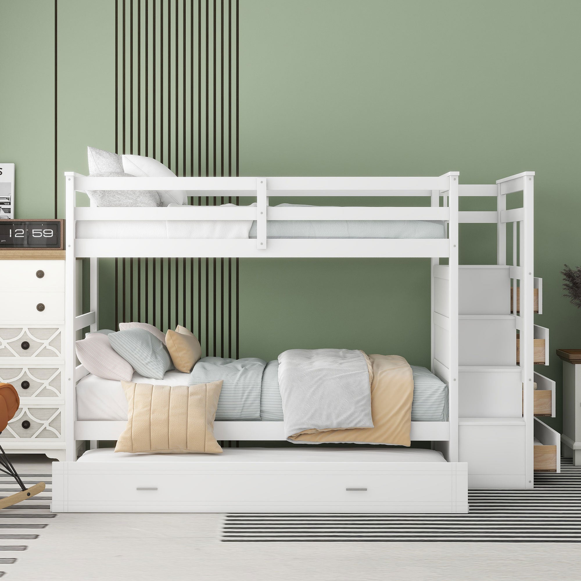 Twin Over Twin Bunk Bed with Trundle and Staircase,White(OLD SKU:LT000068AAK) - Atlantic Fine Furniture Melbourne FL