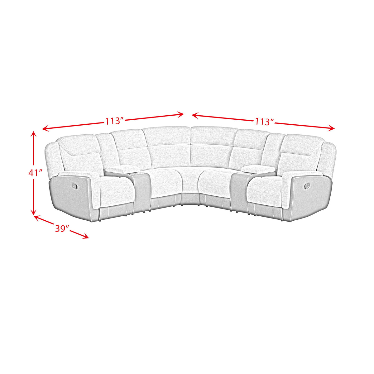 Hornet 3 Piece Sectional Set With Console And 2 Recliners in Gray by Elements International, view 20