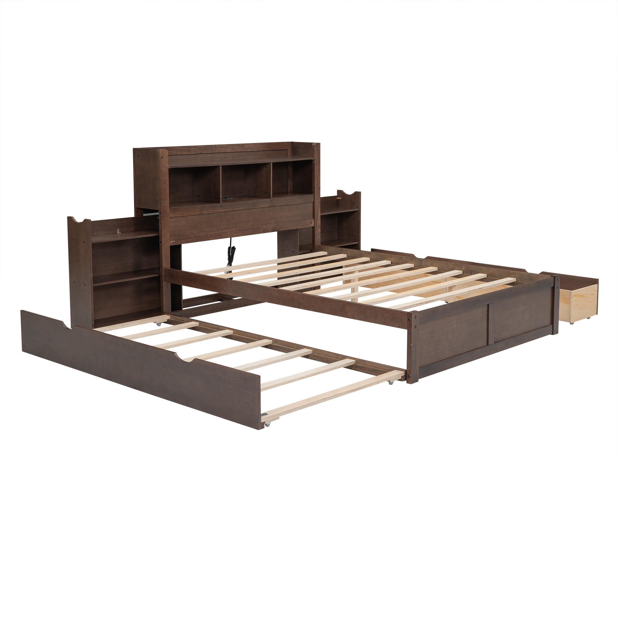 Full Size Storage Platform Bed with Pull Out Shelves, Twin Size Trundle and 2 Drawers, Espresso - Atlantic Fine Furniture Melbourne FL