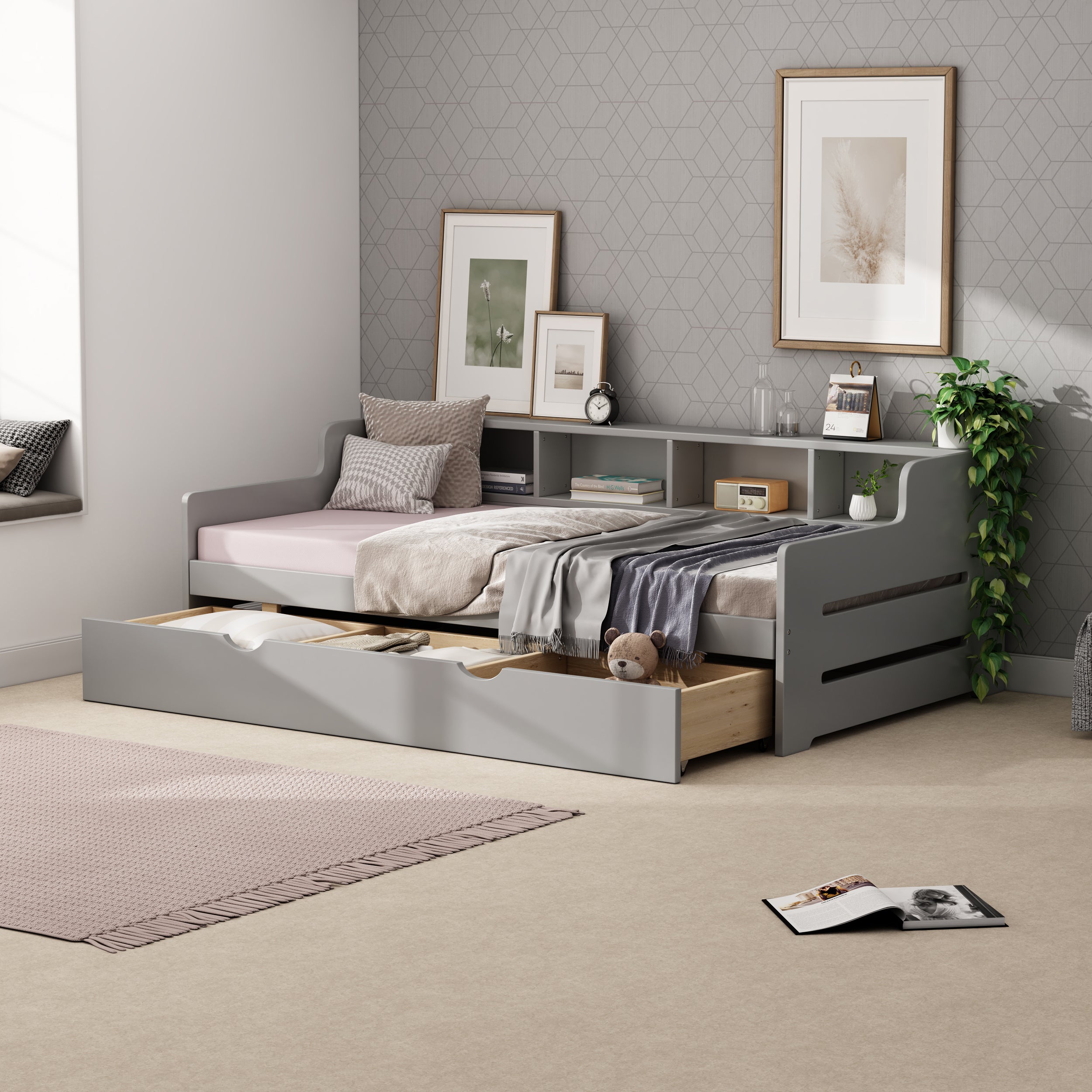 Twin Size Wooden Day Bed with 3 Trawers for Guest Room, Small Bedroom, Study Room, Gray - Atlantic Fine Furniture Melbourne FL