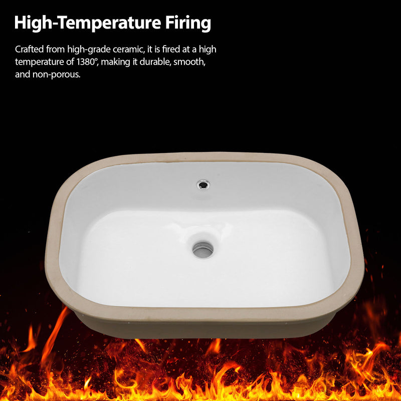 Undermount Bathroom Sink 22" X 15.25" With Overflow Sleek, High Temperature Fired, Stain Resistant, Smooth Polished Surface - White