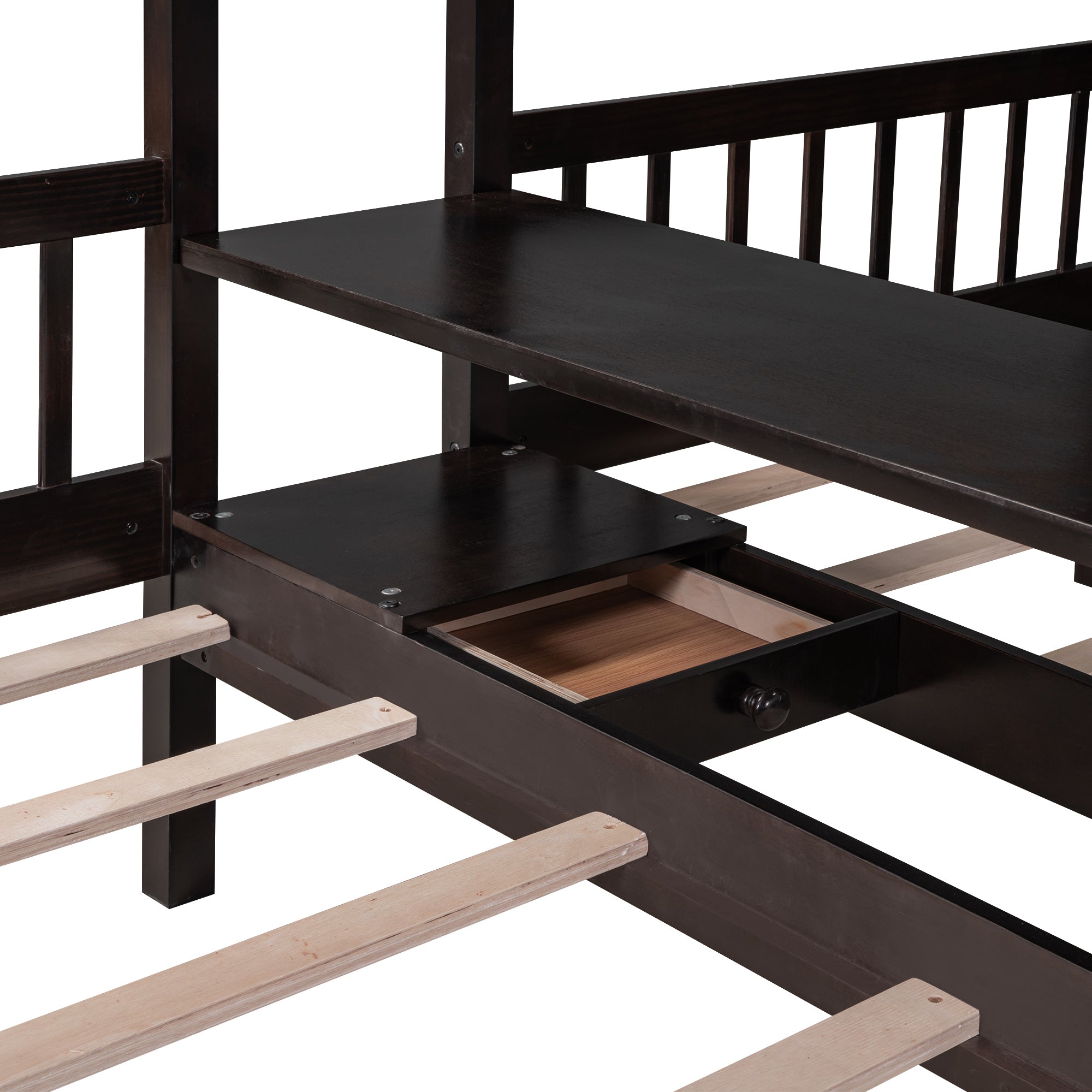 Full-Over-Twin-Twin Bunk Bed with Shelves, Wardrobe and Mirror, Espresso - Atlantic Fine Furniture Melbourne FL