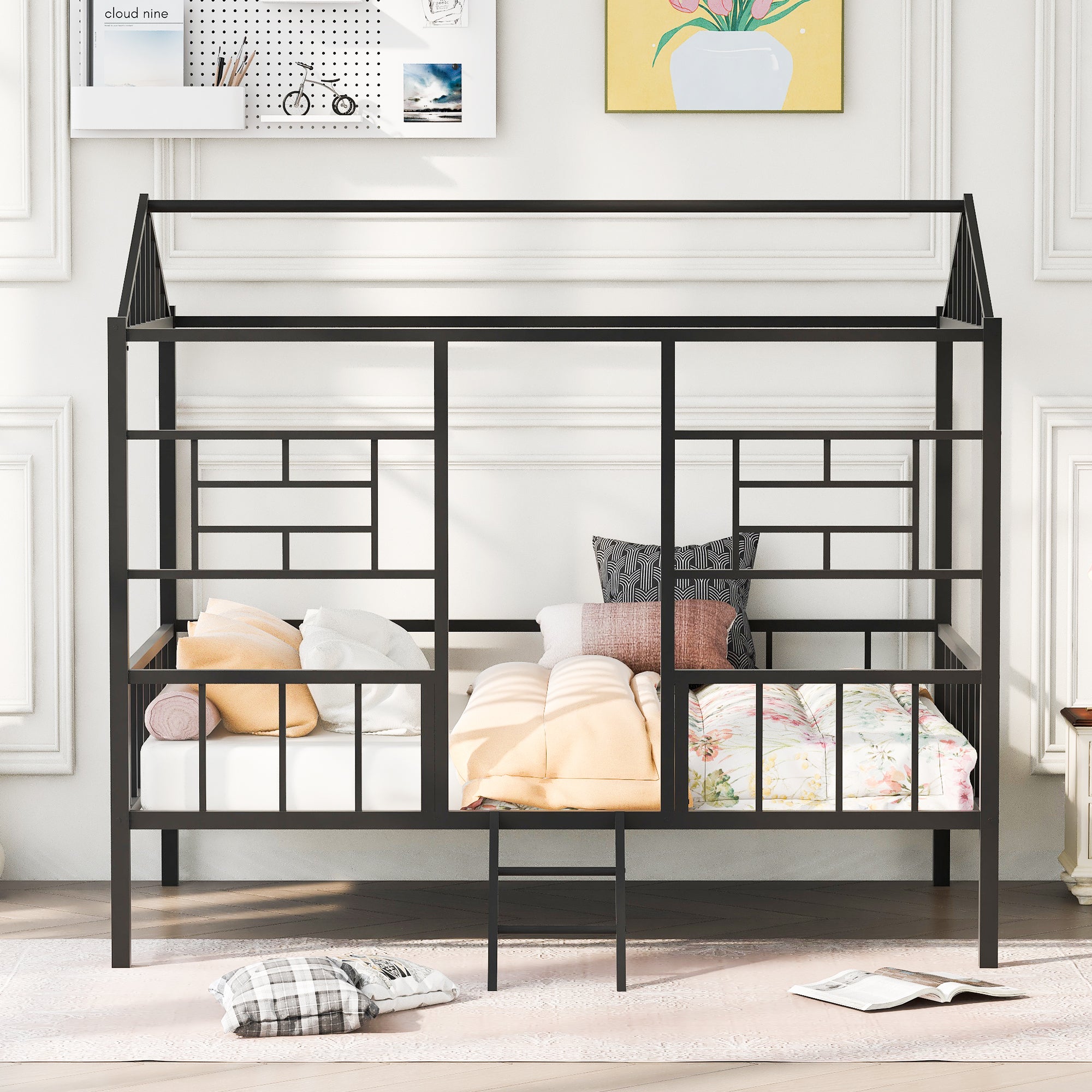 Metal House Bed Frame Full Size with Slatted Support No Box Spring Needed Black - Atlantic Fine Furniture Melbourne FL