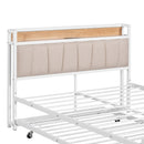 Full Size Metal Platform Bed Frame with Twin size trundle, Upholstered headboard, Sockets, USB Ports and Slat Support, No Box Spring Needed, White