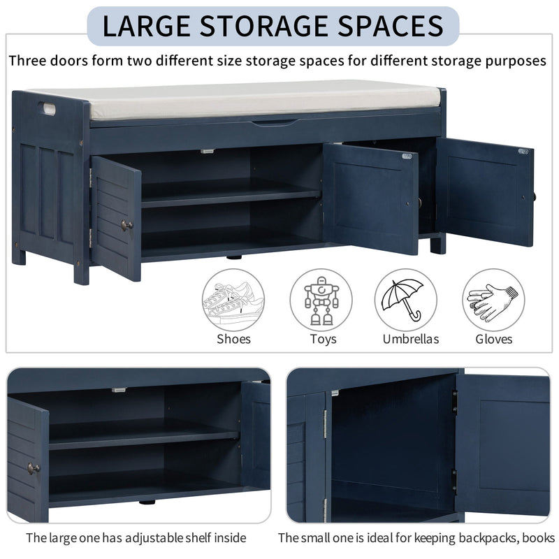 Storage Bench With 3 Shutter-Shaped Doors, Shoe Bench With Removable Cushion And Hidden Storage Space