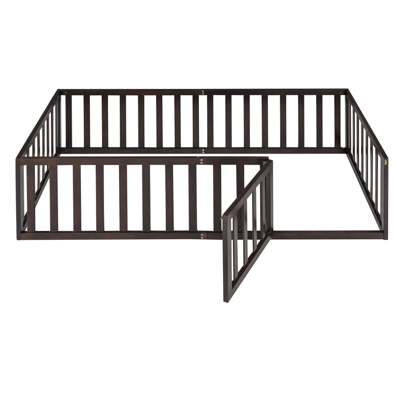 Twin Size Wood Floor Bed Frame with Fence and Door, Walnut(OLD SKU :WF289661AAL)