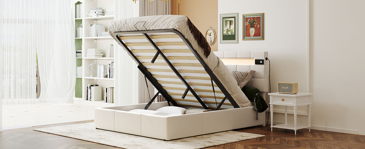 Full Size Upholstered Bed with LED Light and Integrated Bluetooth Audio System, Modern Platform Bed with Hydraulic Storage System and USB Port, Velvet , Beige - Atlantic Fine Furniture Melbourne FL
