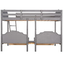 Full Over Twin & Twin Bunk Bed, Velvet Triple Bunk Bed with Drawers and Guardrails, Gray